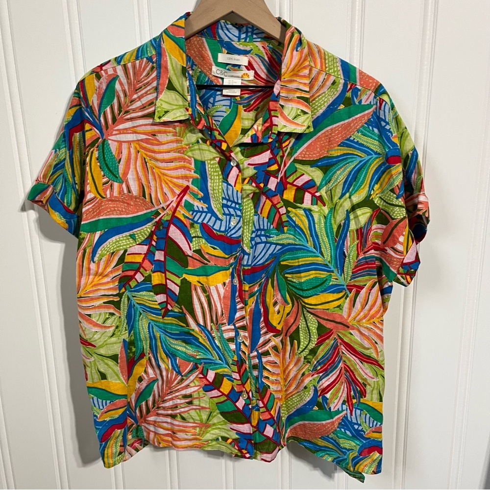 C&C California 100% Linen Tropical Button-Up Cuffed Shirt Sleeves Women’s XL